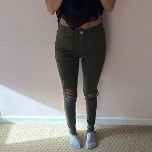 Express 4R green skinny jean legging stretch super soft high rise waisted holes